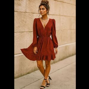 ZARA Red Black Dot Mini Dress Size S Puff Sleeve Ruffle Hem Boho Grunge V-Neck